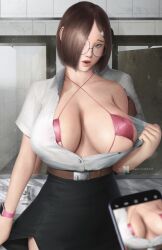 3d angry areolae big_breasts big_nipples blackmail camera glasses massive_breasts mirror moidukdum phone pink_bra school_uniform schoolgirl short_hair undressing