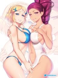 2girls alternate_costume asymmetrical_docking bare_thighs bikini blonde_hair blue_bikini blue_eyes braid breast_press commentary cowboy_shot crown_braid etchimune eyeshadow female female_only fire_emblem fire_emblem:_three_houses grin looking_at_viewer makeup multiple_girls navel nintendo one-piece_swimsuit petra_macneary pink_lips pointy_ears ponytail princess_zelda purple_eyes purple_hair short_hair sidelocks smile stomach swimsuit symmetrical_docking tears_of_the_kingdom the_legend_of_zelda thighs white_background white_one-piece_swimsuit white_swimsuit zelda_(tears_of_the_kingdom) zoom_layer