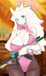 2023 absurd_res anthro biped blurred_background bovid breasts bunny_costume buta99 camel_toe caprine cleavage clothed clothing costume female goat gun hi_res holding_object holding_weapon horizontal_pupils looking_at_viewer mammal pupils ranged_weapon signature smile solo vanilla_(buta99) weapon white_body