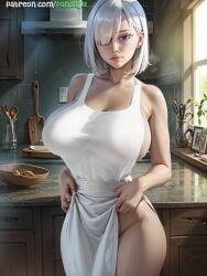 1girls ai_generated apron breasts female fiona_frost hair_over_one_eye large_breasts light-skinned_female light_skin naked_apron nightfall_(spy_x_family) panda-ai panda_ai short_hair spy spy_x_family stable_diffusion top_heavy white_hair