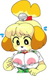 animal_crossing anthro areola areolae bell_collar big_areola big_breasts big_cleavage big_nipples blush bow bowtie breasts button_down_shirt buttoned_shirt canine cassettedream cleavage collar doubutsu_no_mori dream-cassette embarrased embarrassed erect_nipples flannel flannel_shirt green_shirt hoshime huge_areolae huge_breasts huge_nipples isabelle_(animal_crossing) nintendo nipple_slip nipples pink_nipples red red_bow red_collar red_ribbon ribbon shizue_(doubutsu_no_mori) simple_eyes sweat transparent_background wardrobe_malfunction yellow_fur