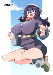 1girls akari_(pokemon)_(cosplay) alternate_breast_size big_breasts blue_eyes female female_focus female_only hex_maniac huge_breasts large_breasts light-skinned_female light_skin looking_at_viewer nipple_bulge pokemon pokemon_legends:_arceus purple_eyes purple_hair shorts solo solo_female solo_focus thighs toudori