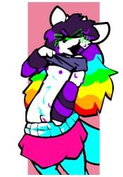 aliasing anthro bodily_fluids bottomwear catjam_(artist) clothed clothing clothing_lift female fur genitals hair multicolored_hair nipples pussy rainbow_hair shaded shirt shirt_lift simple_shading skirt skirt_down solo studded_belt sweat sweatdrop topwear white_body white_fur xcite_(catjam)