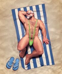 balls banana_hammock bara beard bulge exibitionism facial_hair gay grey_hair hairy human male male_focus male_only muscular nickie_charles penis slutty_outfit solo solo_male sunglasses