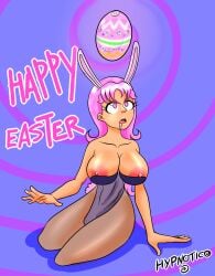 abs aiko_hajime_shin big_breasts big_breasts big_breasts big_thighs bunny_costume bunny_ears bunny_girl bunny_tail bunnysuit collarbone drool drooling easter_egg empty_eyes expressionless huge_breasts huge_breasts hypnosis hypnosis hypnotic_light hypnotico nipple_slip nipples pink_eyes pink_hair spiral_background text transparent_clothing