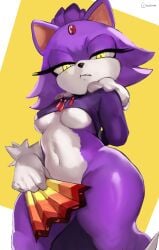 anthro blaze_the_cat breasts cat_ears catgirl cleavage clothing convenient_censoring cranihum curvy disgusted_look fan feline female furry gloves hand_behind_back hand_fan jewel sega shortstack solo sonic_(series) sonic_the_hedgehog_(series) the_murder_of_sonic_the_hedgehog thick_thighs thunder_thighs underboob wide_hips yellow_eyes