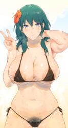 1girls alternate_costume areola_slip areolae areolae_slip arm_behind_head armpits bare_shoulders bikini black_bikini black_swimsuit blue_eyes blue_hair blush breasts byleth_(fire_emblem) byleth_(fire_emblem)_(female) cleavage collarbone female female_only female_pubic_hair fire_emblem fire_emblem:_three_houses flower hair_flower hair_ornament heavy_breathing hibiscus highres large_breasts laserflip light-skinned_female light_skin looking_at_viewer medium_hair musk navel nintendo pubic_hair pubic_hair_peek revealing_clothes rosaline sideboob sidelocks smile solo steaming_body steamy_armpits steamy_pussy sweat sweaty swimsuit teal_hair thighs underboob upper_body v