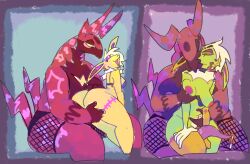 abstract_background anthro bodily_fluids breast_grab breasts clothing dijon_(guncht) duo eeveelution female fishnet fishnet_legwear fur generation_1_pokemon generation_5_pokemon genital_fluids genitals green_body green_fur guncht gynomorph hand_on_breast intersex jolteon legwear nintendo nipples penis pokemon pokemon_(species) precum purple_body scolipede stromboli_(guncht) tapering_penis