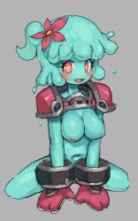 arms_between_legs blush breasts flower_in_hair goo_creature goo_humanoid juno_(omega_strikers) kinshi76 looking_at_viewer omega_strikers slime_girl solo_female star_eyes thighs translucent