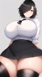ai_generated black_eyes black_hair breasts curvy ember_blaine_(oc) expressionless female hair_over_one_eye huge_breasts original_character panties pantyshot school_uniform short_hair stable_diffusion thick_thighs thighhighs upskirt
