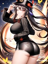 ai_generated ass ass_focus black_hair black_shorts blush breasts chinese_clothes coattails female from_behind genshin_impact grin hat hat_ornament hu_tao_(genshin_impact) large_breasts long_hair looking_at_viewer looking_back red_eyes shiny shiny_clothes shiny_hair shiny_skin short_shorts shorts sideboob smile solo twintails very_long_hair