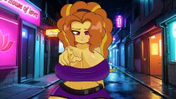 1girls 2023 adagio_dazzle alley big_breasts breasts city cleavage equestria_girls female female_only friendship_is_magic hasbro huge_breasts large_breasts my_little_pony navel neon neon_lights pointing ribiruby solo solo_female tubetop wide_hips