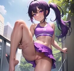 ai_generated amelia_moreau arched_soles blush feet flashing grief_(series) leg_up petite public_nudity purple_eyes purple_hair shy sweat tennis_uniform toe_cleavage wet_pussy