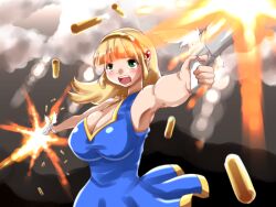 armpits big_breasts blonde_hair blue_dress blue_guardian_margaret breasts cleavage clothed earrings female foxeye_(artist) game_cg green_eyes gun hair_ornament hairband margaret_(blue_guardian_margaret)