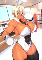 1girls abs alternate_version_available big_breasts blonde_hair blue_eyes blush blushing blushing_at_viewer boxing boxing_gloves boxing_ring bunny_ears bunny_tail dark-skinned_female dark_skin female female_only fighting_ring gloves looking_at_viewer muscular_female nipple_bulge original sela_(sela_god) sela_god solo tagme thick_thighs thighs white_boxing_gloves white_gloves