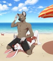 2023 5_fingers absurd_res aggressive_retsuko anthro beach blush bulge bulge_in_face duo fingers fur haida hi_res hyena lagomorph leporid looking_at_another looking_at_partner male male/male mammal rabbit sand sanrio sea seaside shorts_only smooth_fur spotted_hyena tommysamash water white_body white_fur