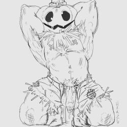 balls bara hands_behind_head harzu male male_only monochrome muscles muscular on_knees penis pumpkin pumpkin_head shirtless shorts solo solo_male straw