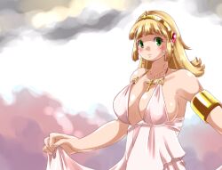 big_breasts blonde_hair blue_guardian_margaret blush breasts cleavage clothed collarbone cute earrings female foxeye_(artist) game_cg green_eyes hair_ornament hairband jewelry margaret_(blue_guardian_margaret) nervous sweatdrop white_dress