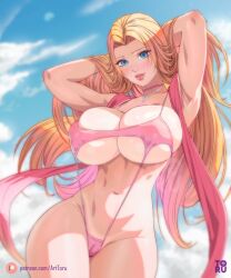 1girls arttoru beach bleach blonde_hair blue_eyes breasts cleavage female hips huge_breasts long_hair matsumoto_rangiku outdoors swimsuit thick_thighs thighs useless_clothing wide_hips