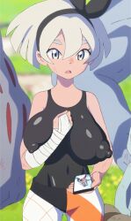 accurate_art_style alternate_breast_size bea_(pokemon) black_bow bow breasts covered_erect_nipples creatures_(company) dark-skinned_female dark_skin female female_focus game_freak gen_1_pokemon grey_eyes hairbow highres huge_breasts machamp machoke monkeyman_(artist) nessa_(pokemon) nintendo pokemon pokemon:_twilight_wings pokemon_(game) pokemon_(species) pokemon_ss puffy_nipples short_hair short_shorts shorts silver_hair solo third-party_edit