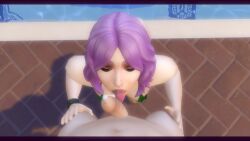 ass bikini blowjob cum devious_desires deviousdesires eyelashes kneeling licking_penis light-skinned_female oral pov purple_hair sucking_balls swimsuit the_sims_4 thong_bikini