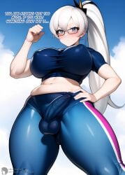 1futa ai_generated arm_up balls bangs belly big_breasts blue_eyes blue_sky blush blushing_at_viewer breasts bulge bulge_through_clothing caption chubby_belly clouds english_text erection_under_clothes eyebrows_visible_through_hair eyewear futanari glasses hair_ornament hand_on_hip high_resolution highres leggings long_hair looking_at_viewer megane navel nipple_bulge nipples pants penis penis_bulge penis_under_clothes ponytail rwby shadyfox solo_futa sports_bra sports_uniform sportswear stable_diffusion standing tagme talking_to_viewer testicles text tight_clothing tight_pants vein veiny_penis very_long_hair visible_penis_shape weiss_schnee white_hair