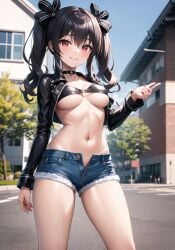 1girls ai_generated alternate_hairstyle big_breasts black_hair breasts busty denim_shorts female female_only jacket large_breasts legs long_hair looking_at_viewer midriff navel neptunia_(series) o-ring o-ring_top open_clothes open_jacket open_shorts petite petite_body petite_female red_eyes shorts smile solo thighs twintails unbuttoned underboob uni_(neptunia) unzipped voluptuous