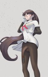 artist_request black_hair blush breasts cum cum_on_body dickgirl dripping_cum enemy_conversion erection_under_pantyhose futa_focus futa_only futanari gray_background grey_background long_hair pantyhose pokemon purple_eyes sabrina_(pokemon) sabrina_(pokemon_adventures) solo team_rocket team_rocket_uniform