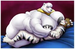 2020s 2023 anthro bear big_breasts blue_eyes blush bodily_fluids breasts dark_nipples digital_media_(artwork) donryu_(character) duo felid feline female fur glacia_(ben300) huge_breasts huge_thighs lactating male male/female mammal markings milk obese obese_anthro obese_female original original_character original_characters overweight overweight_anthro overweight_female pantherine pillow polar_bear soulman1 striped_markings stripes suckling thick_thighs tiger ursine white_body white_fur wide_hips