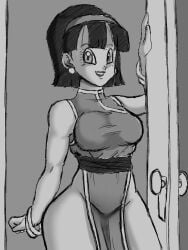 1girls big_breasts black_and_white black_hair blinx1287 chichi_(cosplay) cosplay dragon_ball dragon_ball_z dress earrings eyebrows eyelashes female female_only gray_background looking_at_viewer sketch solo solo_female solo_focus thick_thighs thighs videl wide_hips