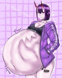 2girls belly belly_bulge big_belly big_belly_bulge breasts bruhemperor detailed_bulge digestion fate/grand_order fate_(series) female female_only female_pred female_prey ibuki_douji_(fate) jacket looking_at_viewer oni oni_girl oni_horns oral_vore purple_eyes purple_hair same_size_vore shuten_douji_(fate) small_breasts soft_vore sports_bra vore vore_belly