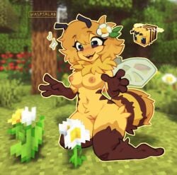 4_fingers accessory adorable antennae_(anatomy) anthro anthrofied arthropod arthropod_abdomen bee bee_(minecraft) bee_girl breasts cute female fingers flower flower_in_hair fluffy genitals hair hair_accessory happy hi_res insects microsoft minecraft mojang navel neck_tuft nipples nude open_mouth plant pussy solo tuft videogame_setting waspsalad wings xbox_game_studios