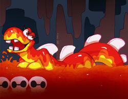 1girls anthro anthrofied blargg breasts butt cave dinosaur female female_only fivel indoors lava lava_creature magma mario_(series) monster reptile solo spines super_mario_world