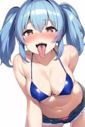 ai_generated big_eyes bikini bikini_top blue_bikini blue_hair cleavage daisy_dukes highres nai_diffusion nipple_bulge orange_eyes original original_character pink_panties rubycks smile tongue_out twintails white_background