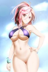 bikini_top_only bottomless breasts hand_on_hip heterochromia kimmy77 looking_at_viewer navel neo_(rwby) rwby two_tone_hair vagina