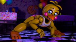 3d 3d_(artwork) beak bib blue_eyes blurry_background chicken color_edit detailed_background five_nights_at_freddy's five_nights_at_freddy's_2 hands_on_floor hi_res high_resolution highres jack-o_pose legs_apart looking_at_viewer pink_panties reflective_floor robot robot_girl rosy_cheeks scottgames sfm short_hair smug toy_chica_(fnaf) trishsfm watermark yellow_body yellow_hair