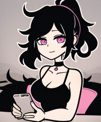 1girls ai_generated ai_hands ashley_graves bare_shoulders black_hair black_tank_top choker clothed feet_up female female_only holding_object messy_hair phone pillow pink_eyes pink_pillow ponytail smile solo solo_female the_coffin_of_andy_and_leyley