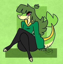 2023 artist_logo big_ass bubble_butt game_freak green_hair hoodie huge_ass long_green_hair long_hair nerdyreindeer no_humans pokemon pokemon_(species) red_eyes scalie sitting snivy