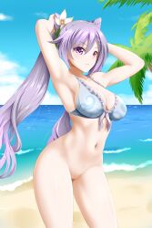 beach bikini_top_only bottomless breasts genshin_impact keqing_(genshin_impact) kimmy77 navel purple_eyes purple_hair vagina