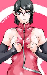 1girls arm_warmers armwear bare_shoulders big_breasts black_eyes black_hair boruto:_naruto_next_generations breast_press breast_squeeze breast_squish breasts_out busty cleavage clothed clothing exposed_breasts female female_focus female_only fully_clothed glasses hand_on_breast hi_res high_resolution highres jacket konohagakure_symbol large_breasts light-skinned_female light_skin looking_at_viewer mike156 naruto naruto_(series) no_bra pale-skinned_female pale_skin pinup pose posing presenting_breasts sarada_uchiha shounen_jump sideboob sleeveless_shirt solo solo_female solo_focus standing tomboy