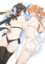 2girls ass ass_cleavage bikini black_bikini black_bow black_hair black_legwear blue_eyes blush brown_hair butt_crack female female_only flower flower_in_hair genderswap_(mtf) genshin_impact hair_between_eyes hair_ornament locked_arms multiple_girls one_eye_closed open_mouth orange_eyes orange_hair ponytail rule_63 scar seelie_(genshin_impact) swimsuit tabibitowayo tartaglia_(genshin_impact) thighhighs white_bikini white_bow zhongli_(genshin_impact) zhongli_jiejie