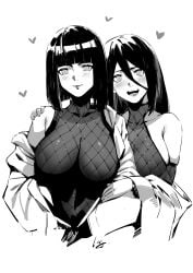 2girls armwear asian asian_clothing asian_female bare_shoulders big_breasts black_and_white blush bob_cut bodysuit boruto:_naruto_next_generations busty cleavage clothed clothing club3 cute female female_focus female_only fishnet fishnet_armwear fishnet_bodysuit fishnet_shirt fishnets fully_clothed heart hi_res high_resolution highres hyuuga_hanabi hyuuga_hinata kimono kimono_down kimono_pull large_breasts lips lipstick long_hair looking_at_viewer makeup mature mature_female medium_hair milf monochrome nanaya_(daaijianglin) naruto naruto_(series) open_mouth pinup pose posing shoulder_length_hair shounen_jump sideboob sisters skimpy skimpy_clothes smile smiling smiling_at_viewer tight_clothing voluptuous voluptuous_female white_background yukata