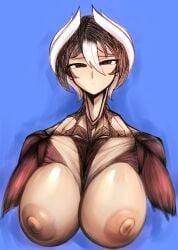 1girls big_breasts big_nipples black_and_white_hair black_eyes black_hair blue_background body_markings female female_only hair_between_eyes huge_breasts large_areolae large_breasts looking_at_viewer made_in_abyss milf muscles ozen short_hair solo tofo_u tofulatte topless topless_female two_tone_hair upper_body