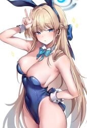 1girls absurdres allze arm_up bare_arms bare_shoulders blonde_hair blue_archive blue_bow blue_bowtie blue_eyes blue_leotard bow bowtie braid breasts cleavage commentary_request covered_navel cowboy_shot detached_collar french_braid groin hair_bow highres hourglass_figure large_breasts leotard long_hair playboy_bunny solo standing strapless strapless_leotard toki_(blue_archive) toki_(bunny)_(blue_archive) very_long_hair wrist_cuffs