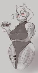 ? alcohol alternate_costume arm_under_breasts big_breasts blush body_markings cleavage dress female female_only huge_breasts looking_at_viewer made_in_abyss mincedmeat2 muscular muscular_female muscular_thighs ozen short_hair side_slit solo spot_color thick_thighs thigh_strap wide_hips wine_glass