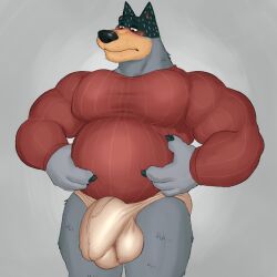 1boy 2023 anthro australian_cattle_dog balls_outline bandit_heeler bara barazoku belly biceps big_belly big_bulge big_muscles bluey_(series) blush briefs bulge canid canine canis cattledog claws clothing detailed_bulge domestic_dog flaccid fleshformomo frown fur gay genital_outline grey_background hand_on_stomach herding_dog hi_res huge_bulge male male_only mammal musclegut muscular muscular_anthro muscular_male narrowed_eyes pastoral_dog pecs penis_outline simple_background solo standing sweater tight_clothing tight_underwear tighty_whities topwear tuft underwear white_briefs white_clothing white_underwear