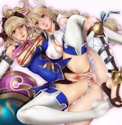 after_sex blonde_hair breasts cassandra_alexandra censored cum cum_in_pussy elk_shield female goddess_bracelet goddess_guards goddess_headdress goddess_robe green_eyes highres long_hair mature_female milf mosaic_censoring nipples presenting pussy sentou_kaiiki shimaidon siblings sisters sophitia_alexandra soul_calibur soul_calibur_iv thighhighs torn_clothes