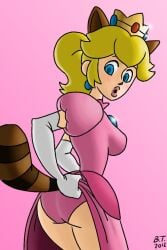 1girls 2012 ass blonde_hair blue_eyes bthomas64 clothed clothing crown dress dress_lift female female_only mario_(series) nintendo panties pink_background ponytail princess_peach raccoon raccoon_ears raccoon_peach raccoon_tail side_view simple_background solo solo_female standing super_mario_bros._3 underwear