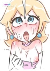 2023 blonde_hair blue_eyes blush breasts choker cleavage cum cum_on_body cum_on_breasts cum_on_face cum_on_hair earrings female female_only gloves harkart mario_(series) nintendo nipple_slip nipples pink_dress princess princess_peach tongue tongue_out white_background