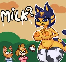 angry animal_crossing ankha ankha_(animal_crossing) anthro arturfox beverage big_breasts blood bodily_fluids breasts cross-popping_vein female hi_res isabelle_(animal_crossing) lactating lactation looking_at_viewer mammal milk nintendo nosebleed nude orange_juice presenting presenting_breasts simple_background solo_focus tangy_(animal_crossing) text topless unusual_blood unusual_bodily_fluids